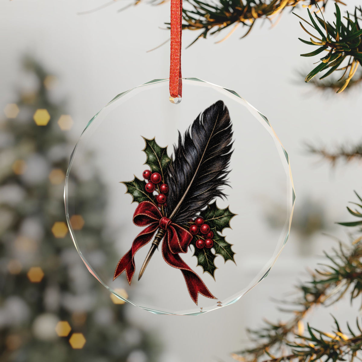 Raven Feather & Holly | Gothic Christmas Glass Ornament