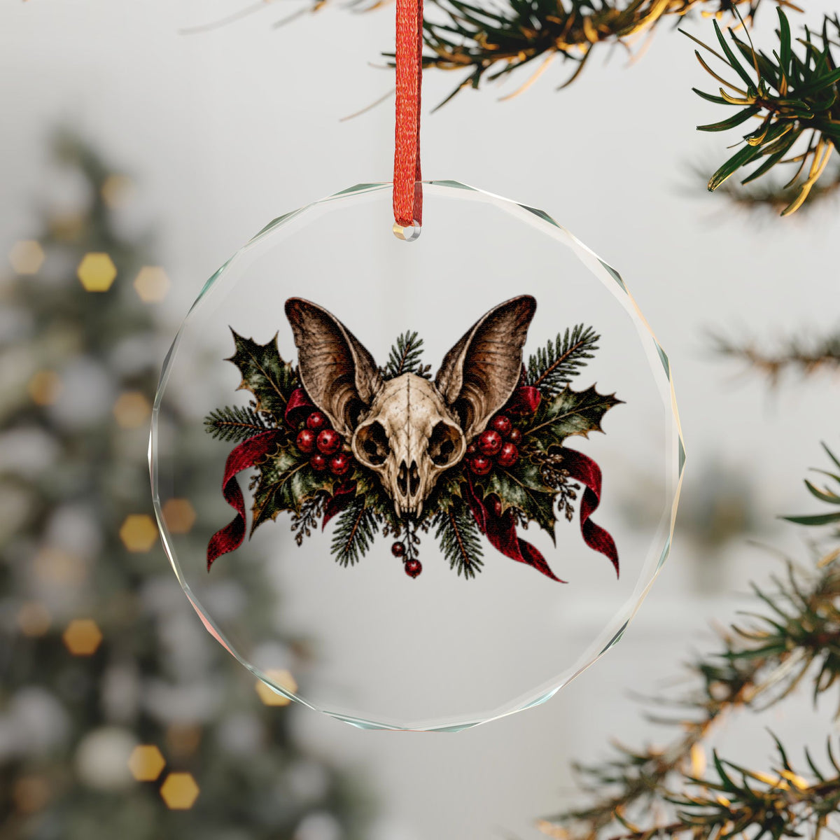 Bat Skull & Holly Ornament | Gothmas Gothic Christmas Glass Ornament