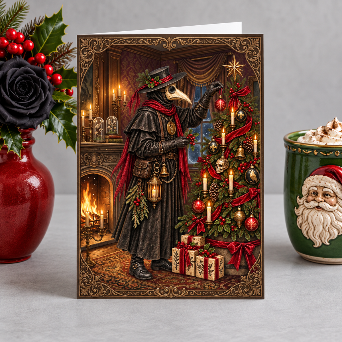Gothmas Plague Doctor Decorating Tree | Gothic Christmas Cards Set of 10