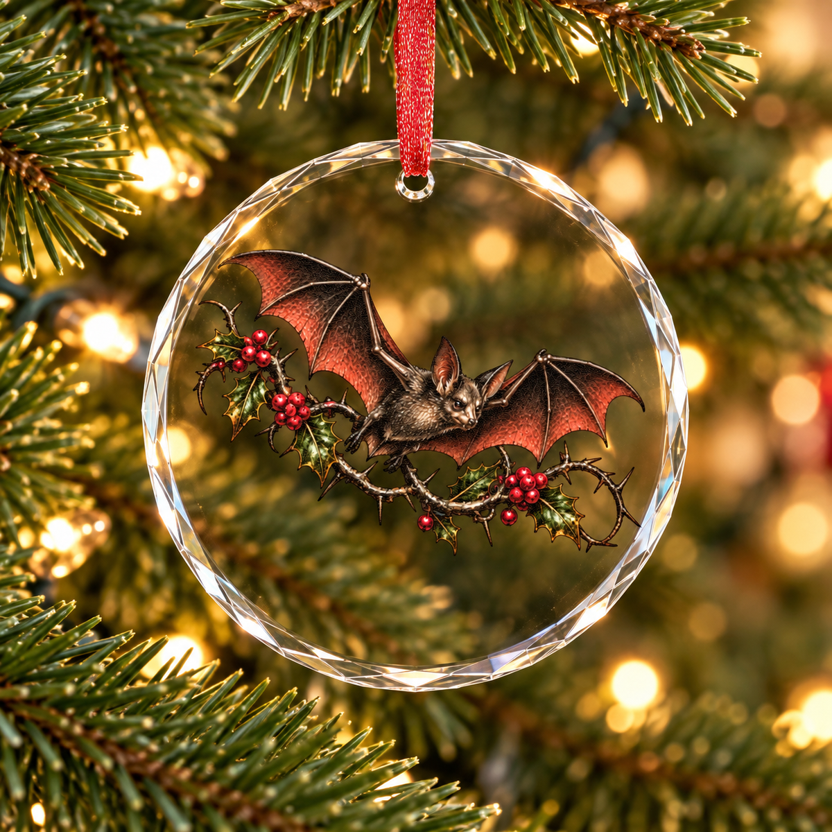Bat & Holly Ornament | Gothmas Gothic Christmas Glass Ornament