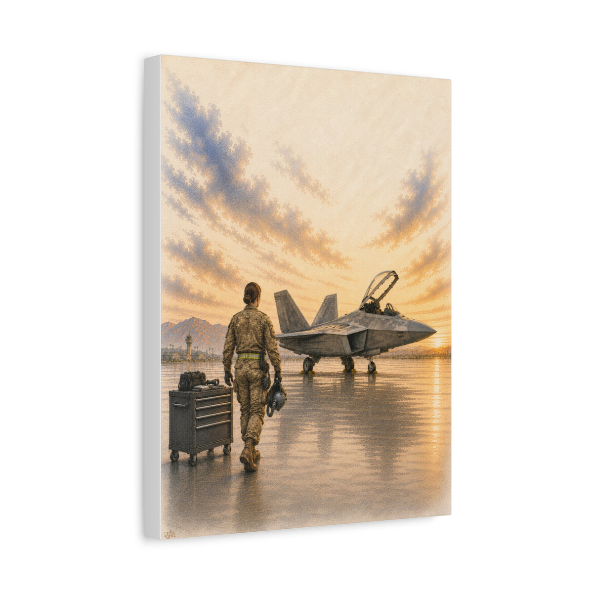F-22 Aircraft Female Maintainer at Sunrise | Fine Art Canvas | Military Heritage