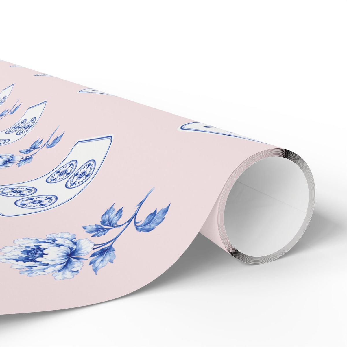 Peony Pink Mahjong Wrapping Paper | Blue Chinoiserie Gift Wrap