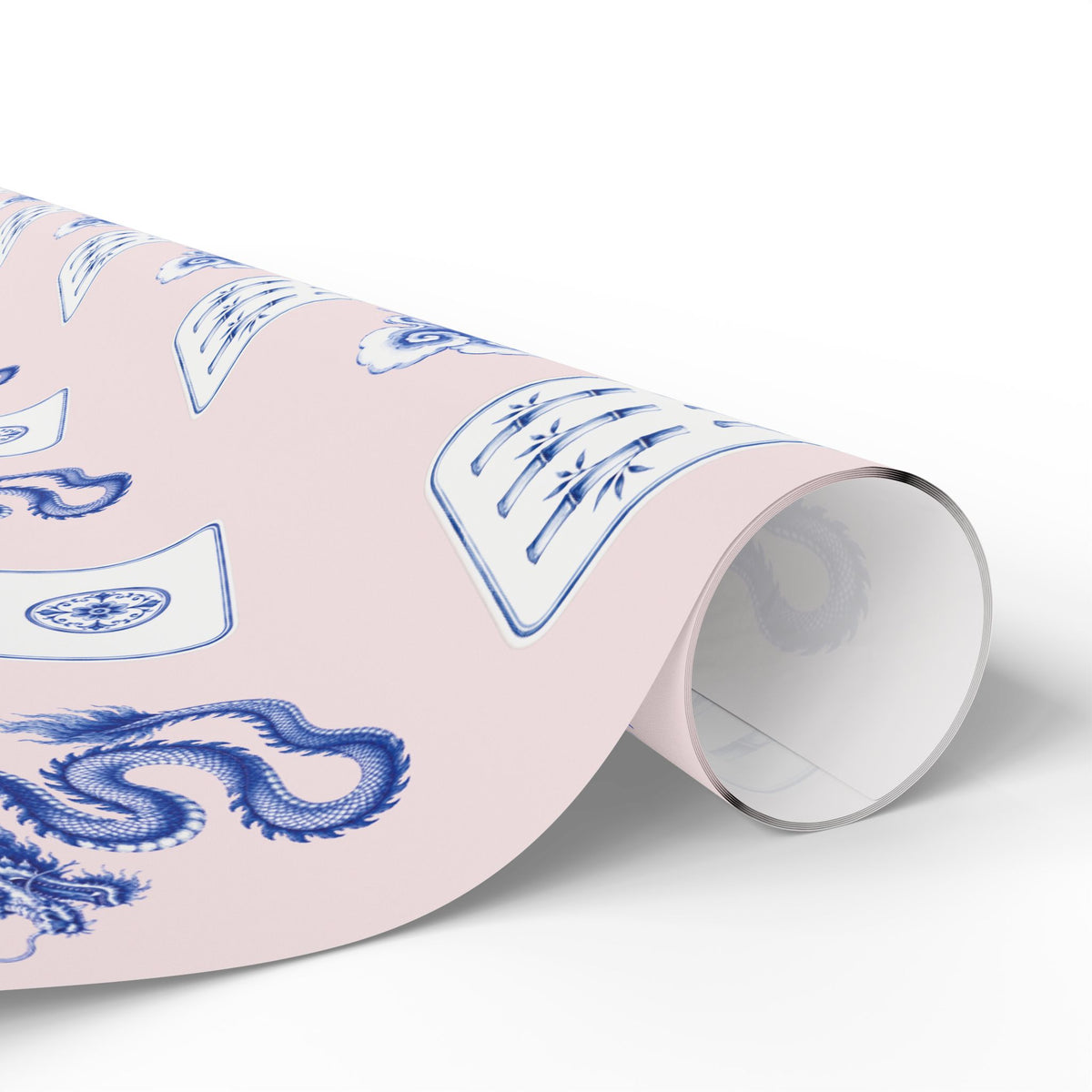 Peony Pink Mahjong Wrapping Paper | Blue Chinoiserie Gift Wrap
