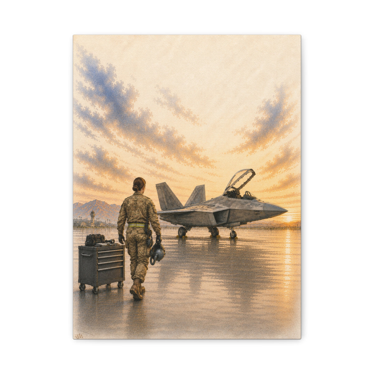 F-22 Aircraft Female Maintainer at Sunrise | Fine Art Canvas | Military Heritage