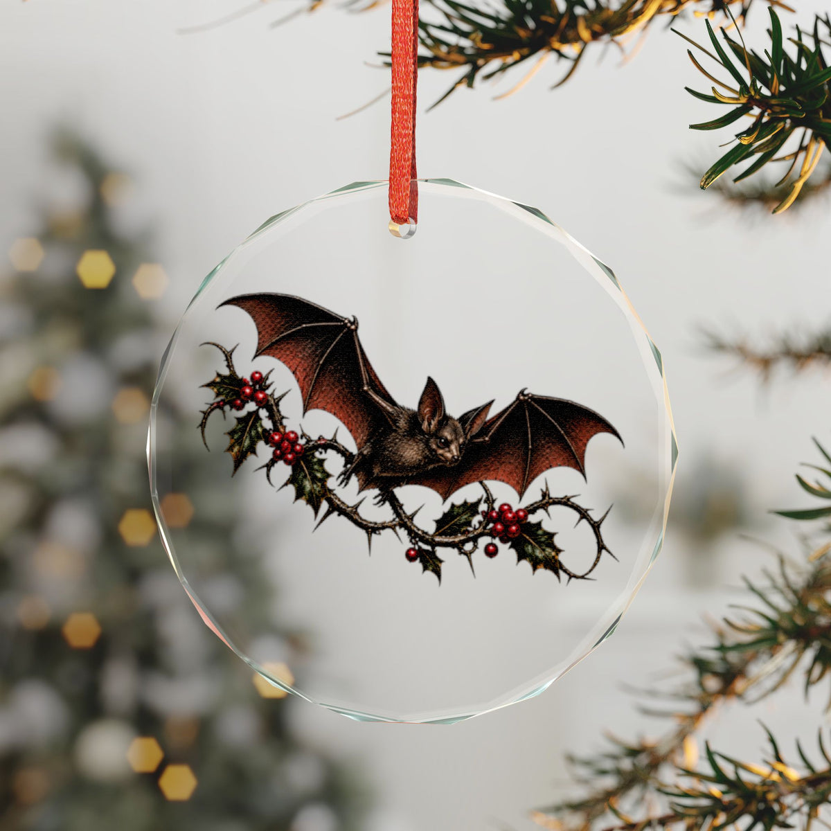 Bat & Holly Ornament | Gothmas Gothic Christmas Glass Ornament