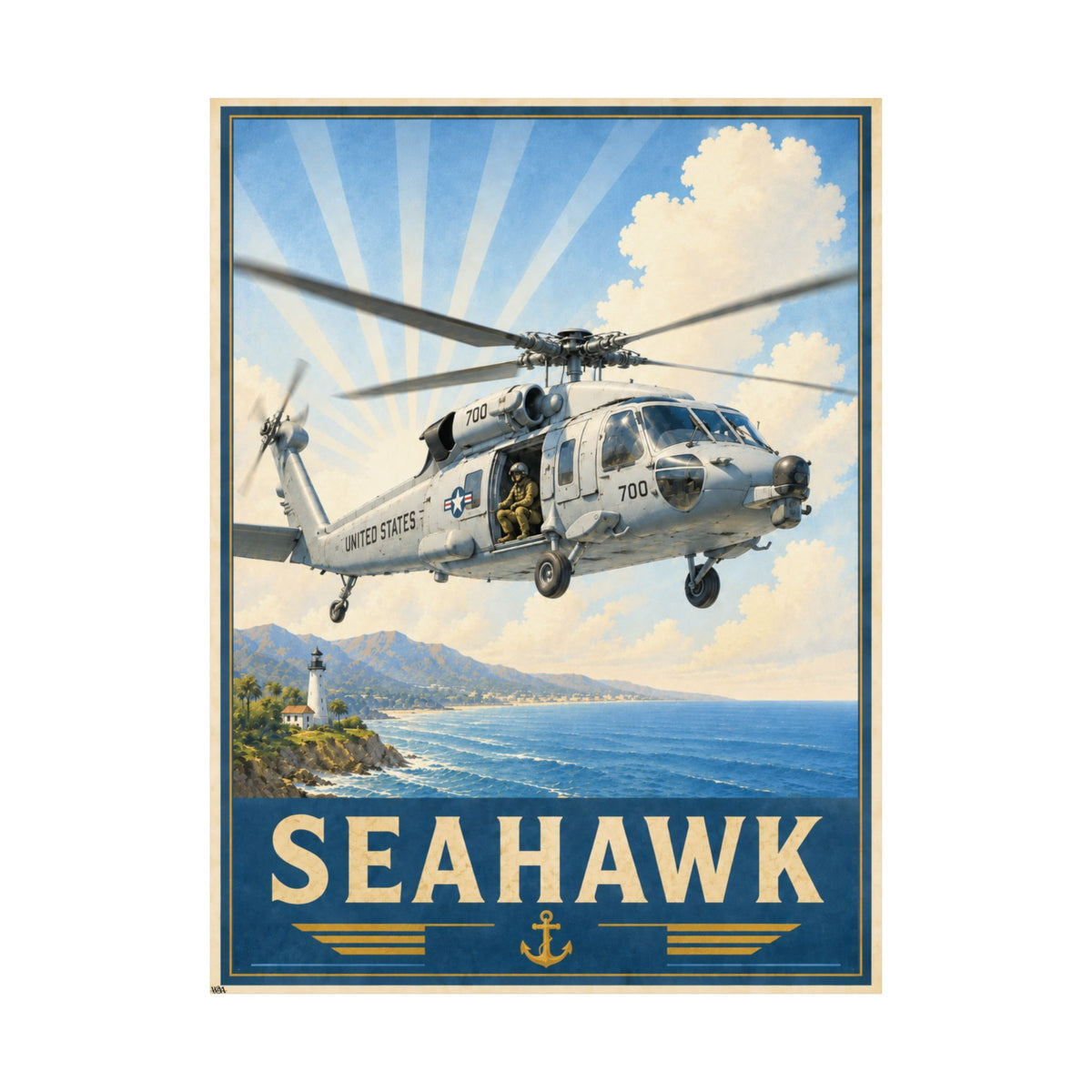 H-60 Seahawk Vintage Art Poster | Maritime Helicopter Wall Art