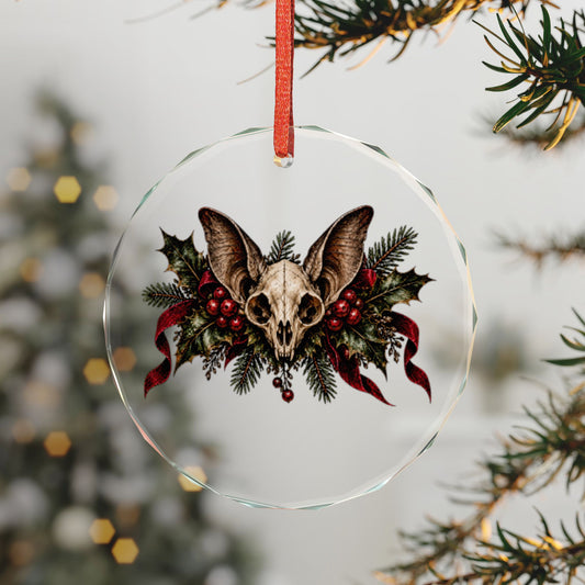 Bat Skull & Holly Ornament | Gothmas Gothic Christmas Glass Ornament