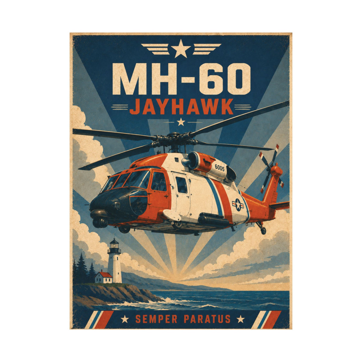 MH-60 Jayhawk Vintage Art Poster | Maritime Search & Rescue Helicopter