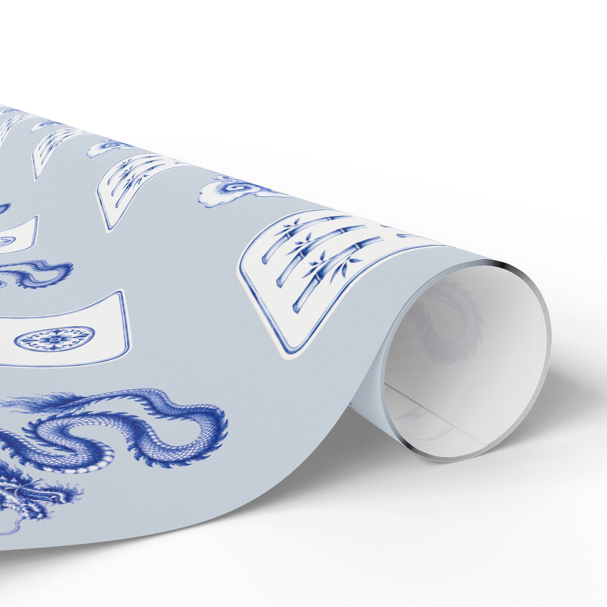 Misty Harbor Blue Mahjong Wrapping Paper | Blue Chinoiserie Gift Wrap