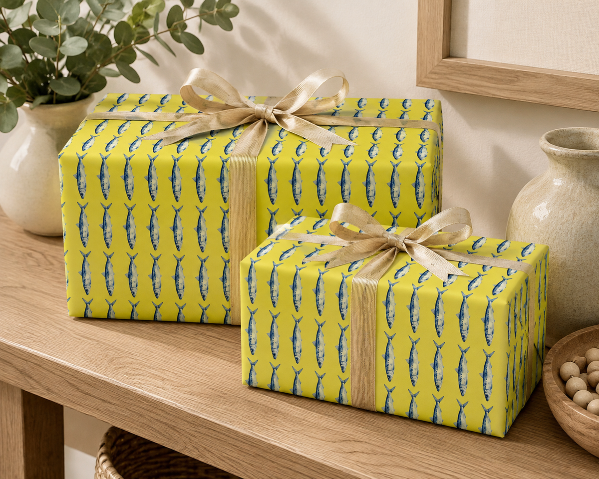 Blue Sardine Wrapping Paper | Yellow Coastal Fish Gift Wrap