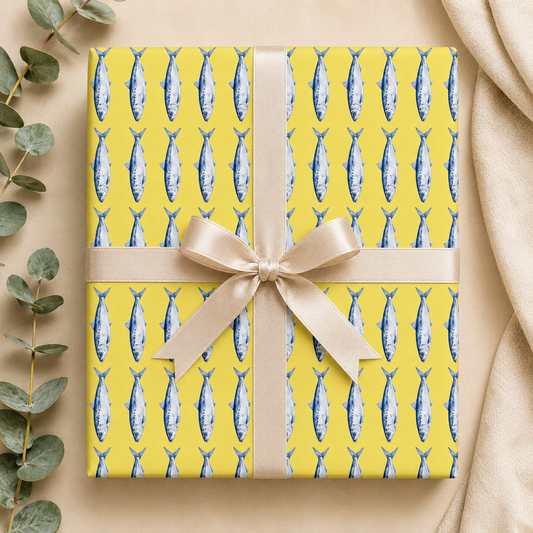 Blue Sardine Wrapping Paper | Yellow Coastal Fish Gift Wrap