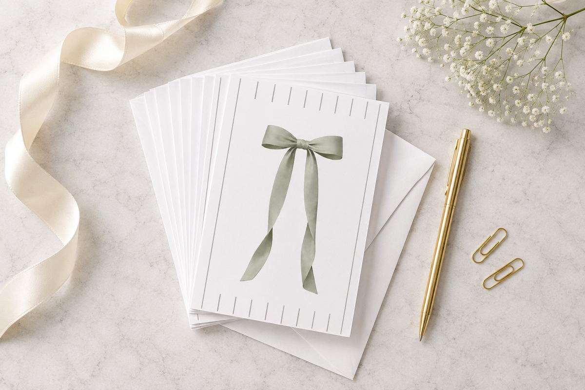 Sage Green Bow Blank Note Cards | Minimalist Stationery 10-Card Set
