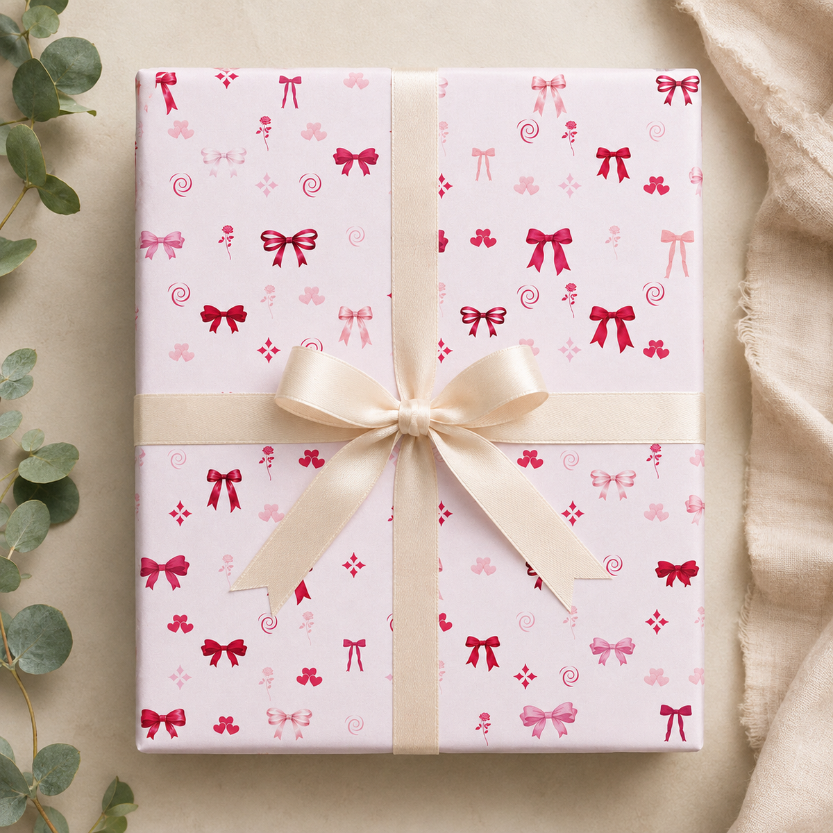 Pink Bow & Heart Wrapping Paper | Romantic Ribbon Gift Wrap