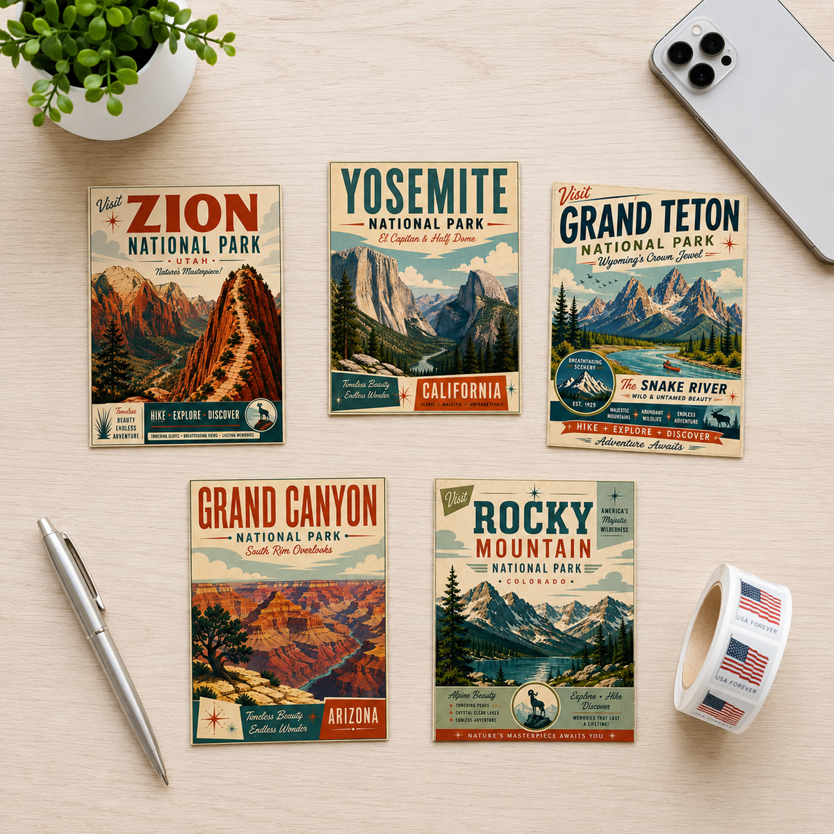 National Parks Vintage Travel Blank Note Cards | 5-Card Set