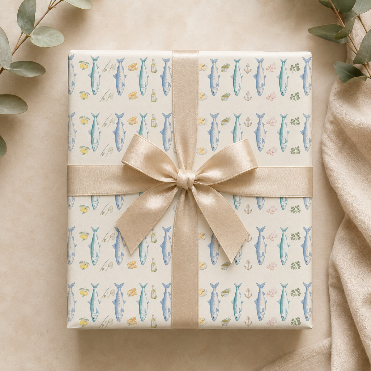 Preppy Sardine Wrapping Paper | Coastal Mediterranean Gift Wrap