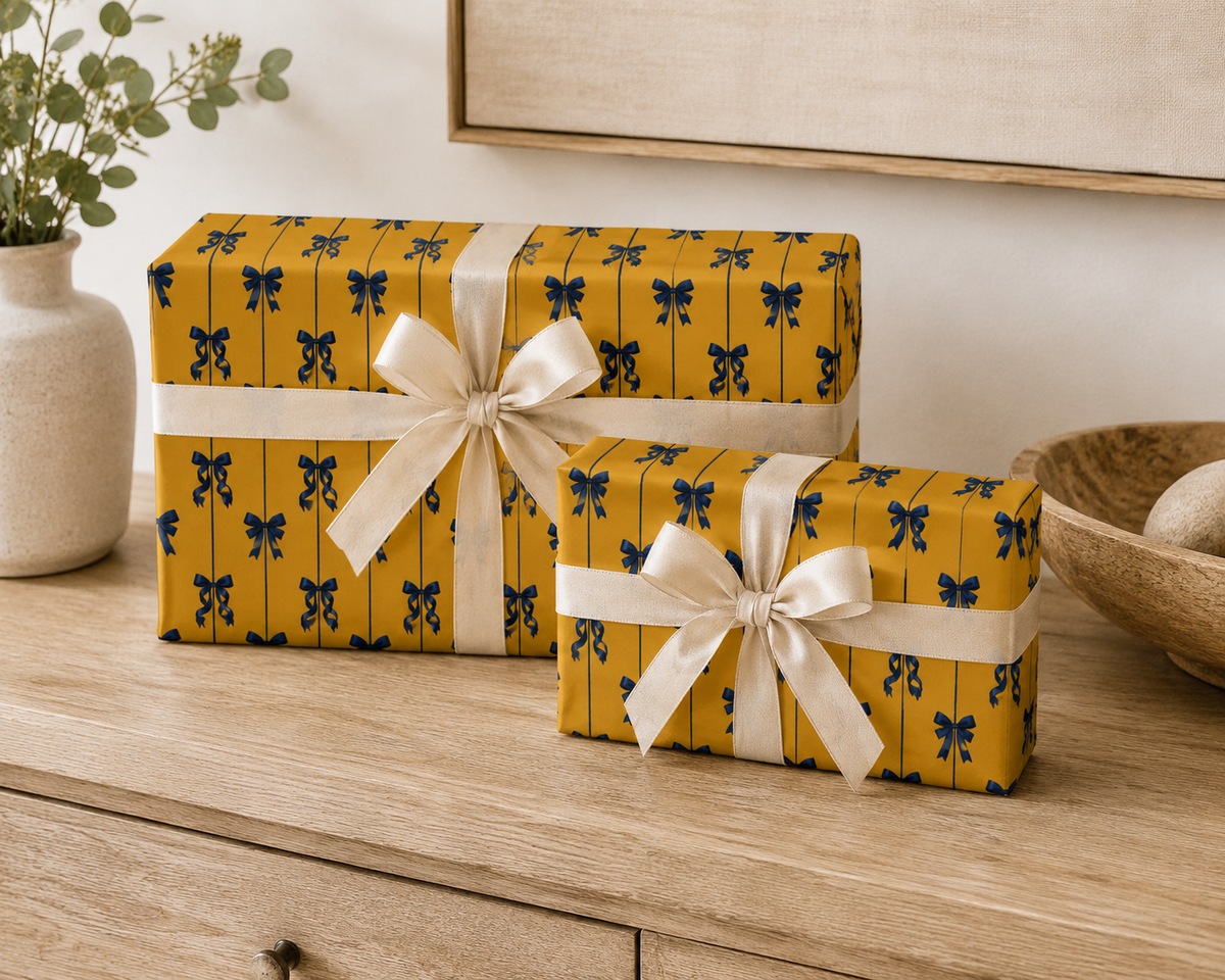 Navy Blue Bow Wrapping Paper | Mustard Yellow Preppy Ribbon Gift Wrap
