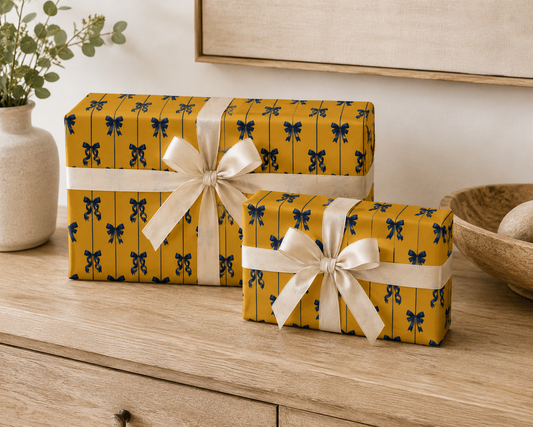 Navy Blue Bow Wrapping Paper | Mustard Yellow Preppy Ribbon Gift Wrap
