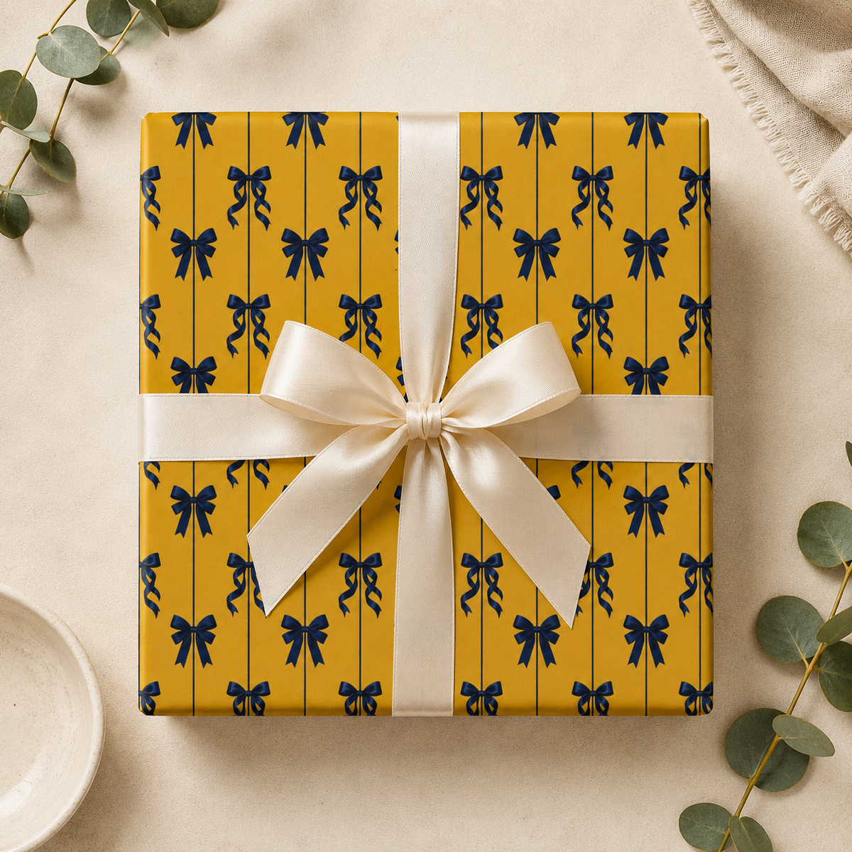 Navy Blue Bow Wrapping Paper | Mustard Yellow Preppy Ribbon Gift Wrap