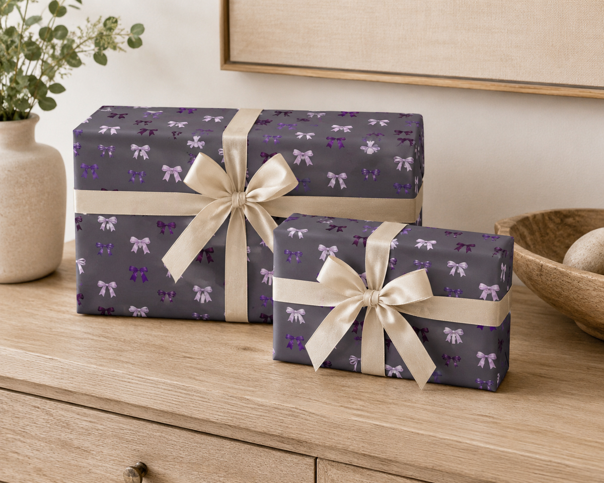 Purple & Grey Bow Wrapping Paper | Elegant Satin Ribbon Gift Wrap