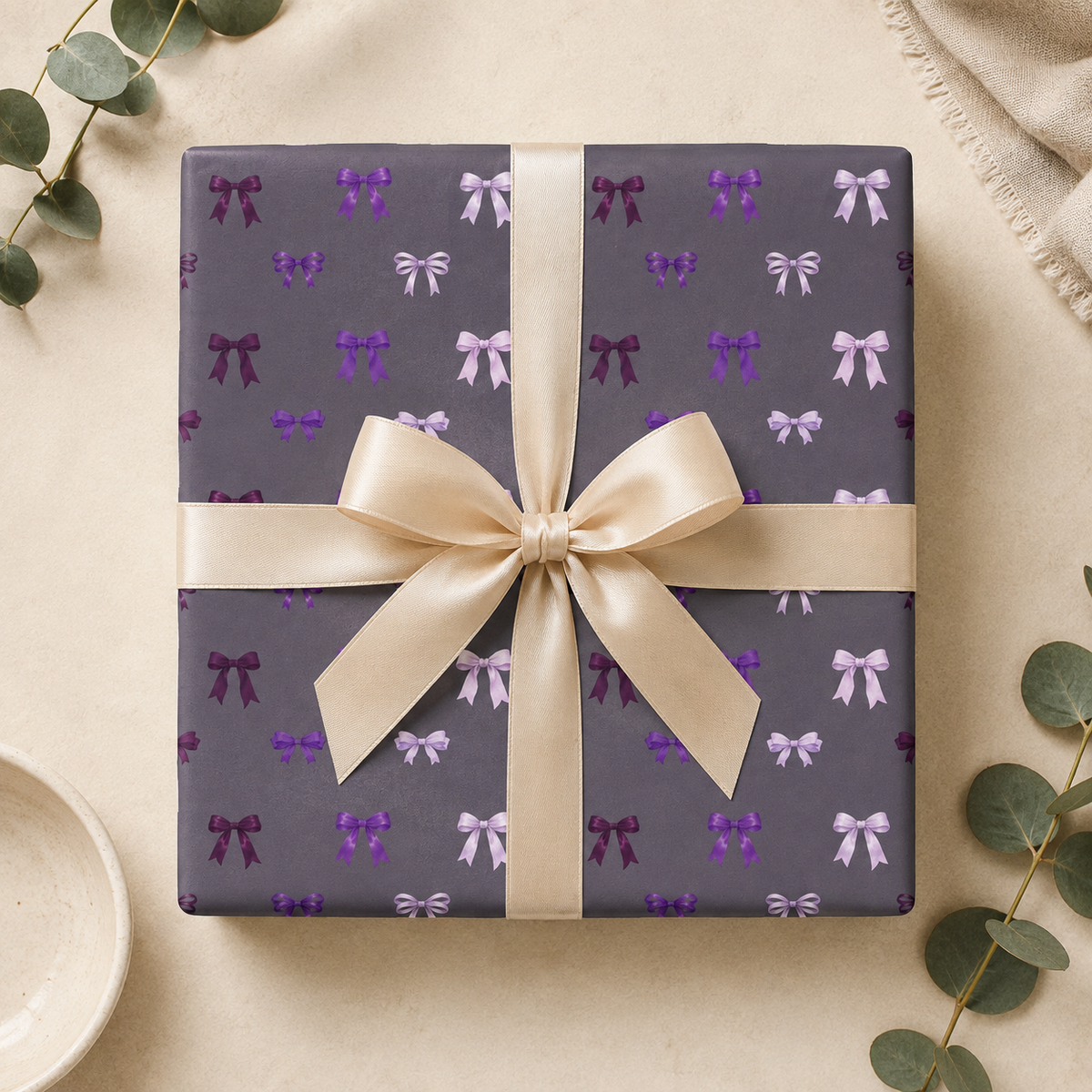 Purple & Grey Bow Wrapping Paper | Elegant Satin Ribbon Gift Wrap