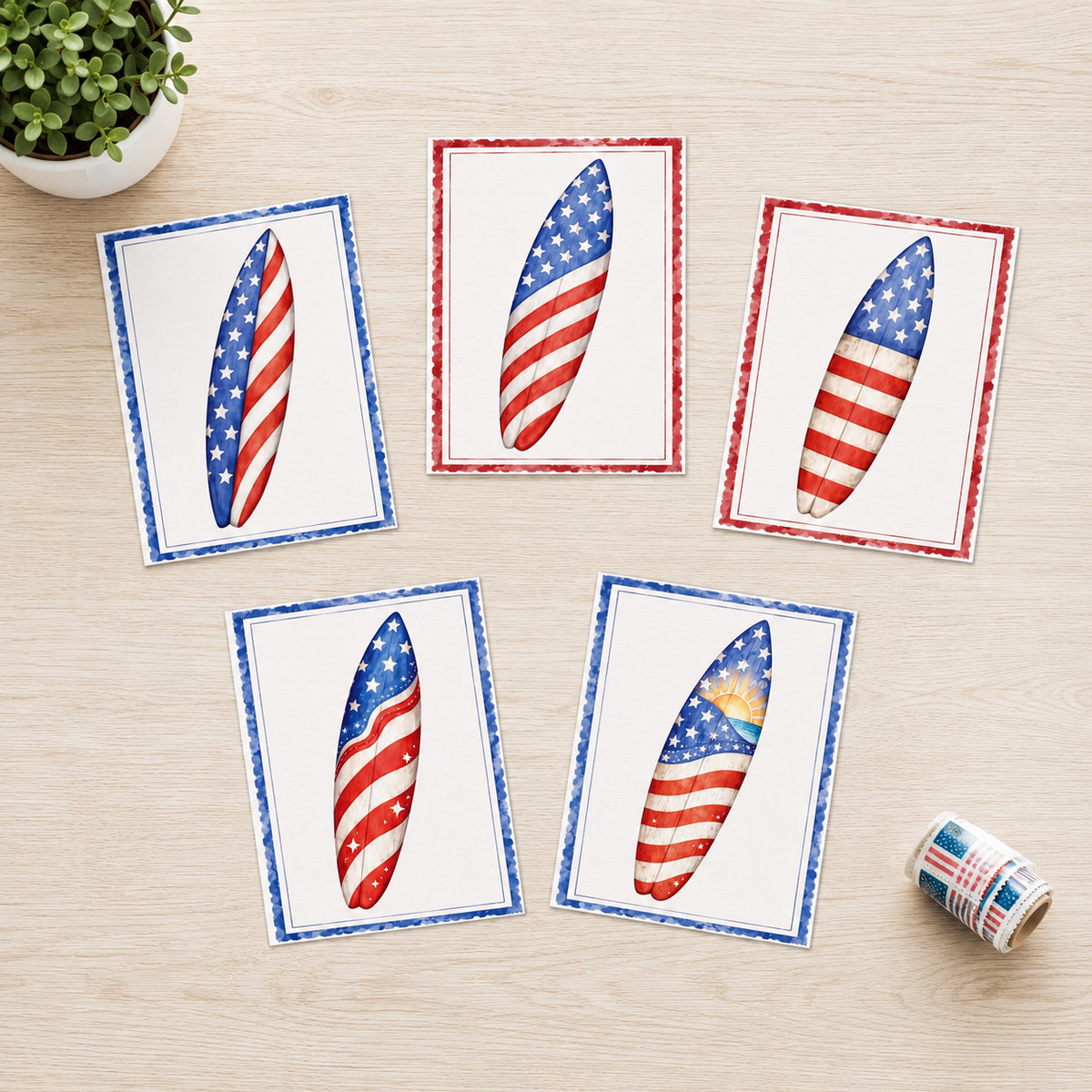 Patriotic Surfboard Note Card Set of 5 | Coastal Americana Cards