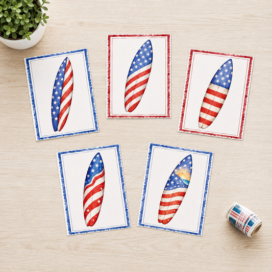 Patriotic Surfboard Note Card Set of 5 | Coastal Americana Cards