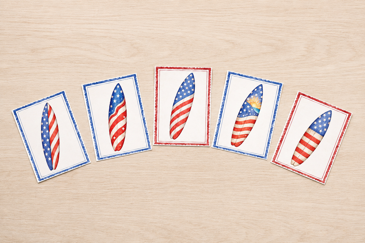 Patriotic Surfboard Note Card Set of 5 | Coastal Americana Cards