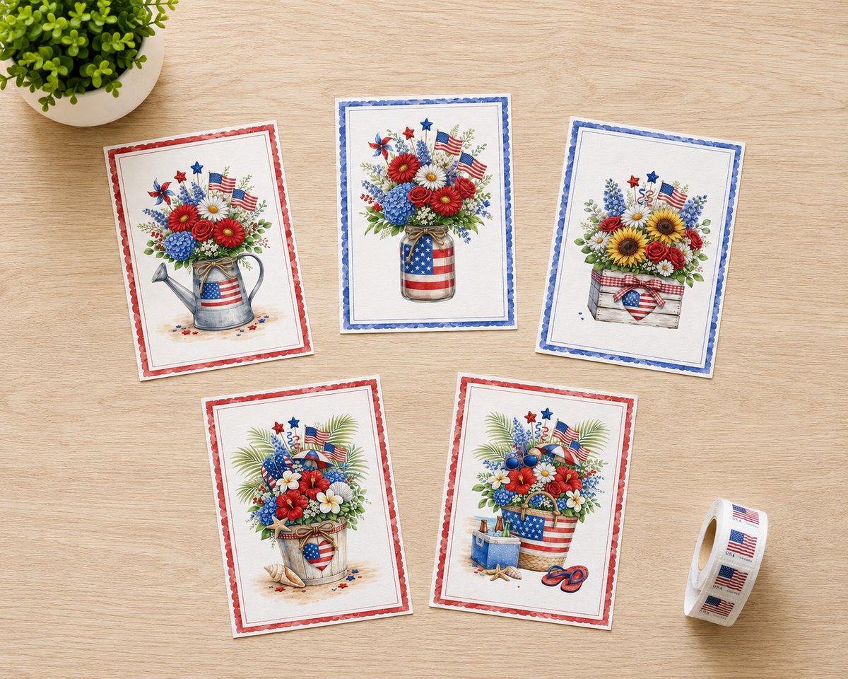 Patriotic Floral Note Card Set of 5 | Americana Summer Greeting Cards