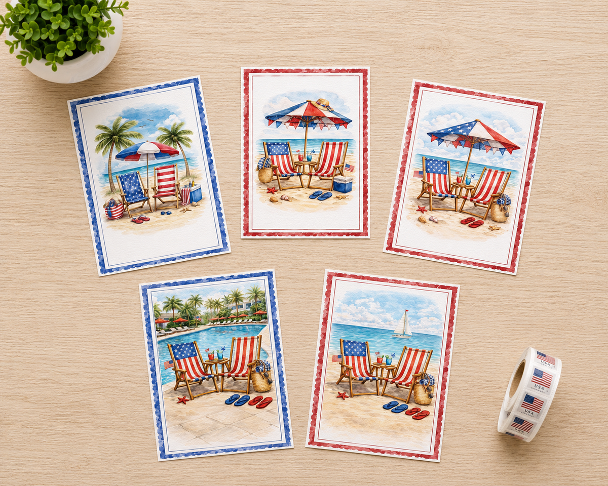 Patriotic Beach Note Card Set of 5 | Coastal Americana Greeting Cards