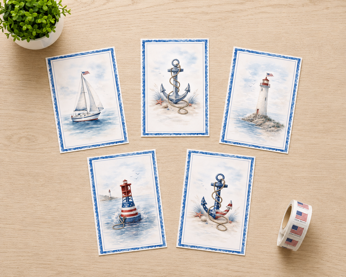 Nautical Americana Note Card Set of 5 | Coastal Patriotic Cards