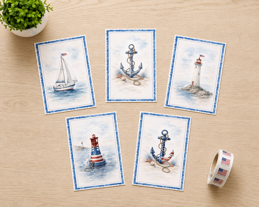Nautical Americana Note Card Set of 5 | Coastal Patriotic Cards