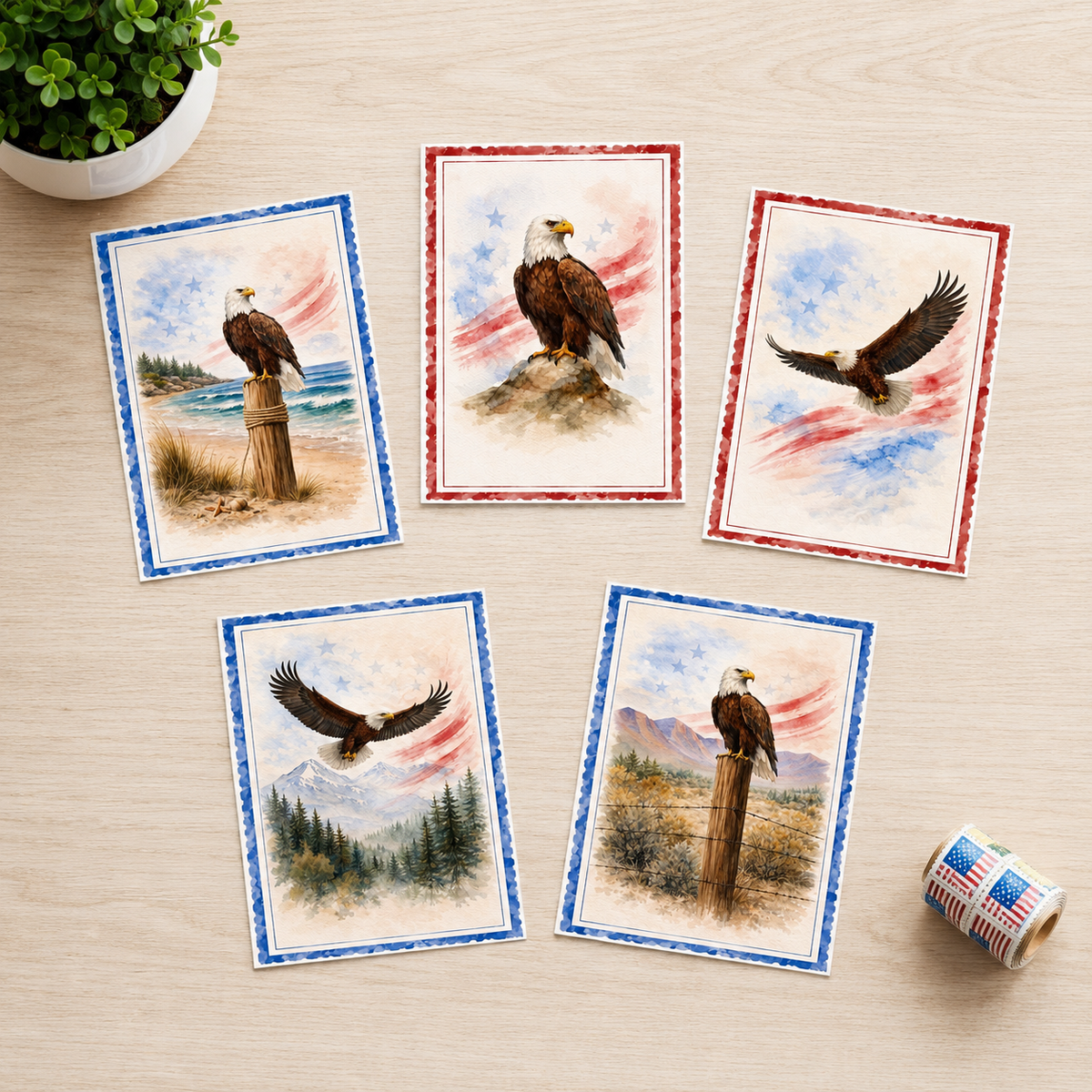 Bald Eagle Note Card Set of 5 | Patriotic Americana Watercolor Cards
