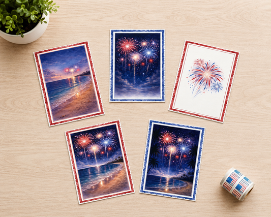 Patriotic Fireworks Note Card Set of 5 | Fourth of July Cards