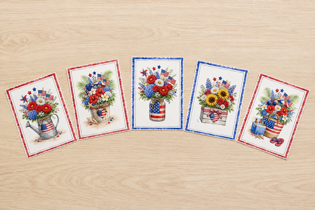 Patriotic Floral Note Card Set of 5 | Americana Summer Greeting Cards