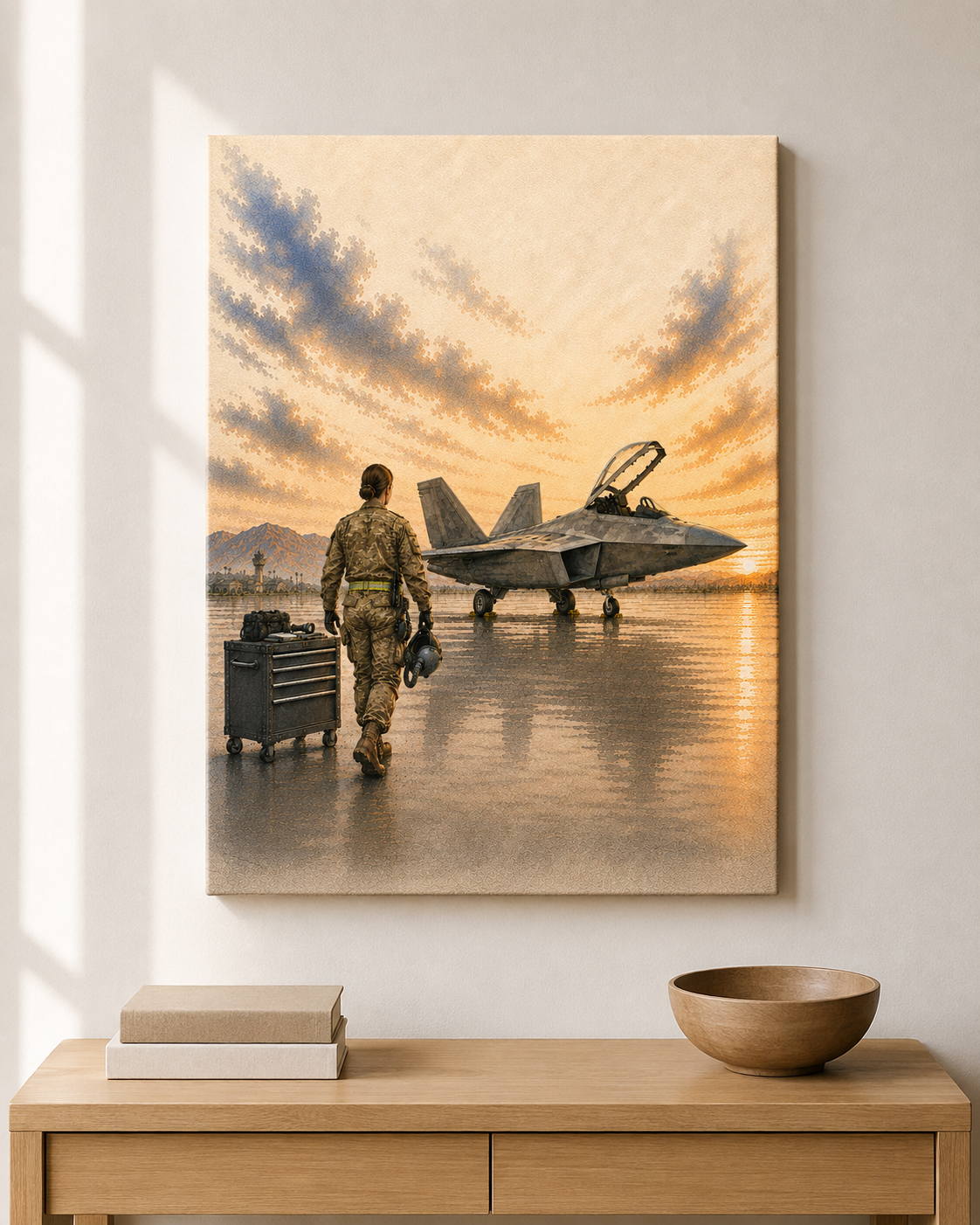 F-22 Aircraft Female Maintainer at Sunrise | Fine Art Canvas | Military Heritage