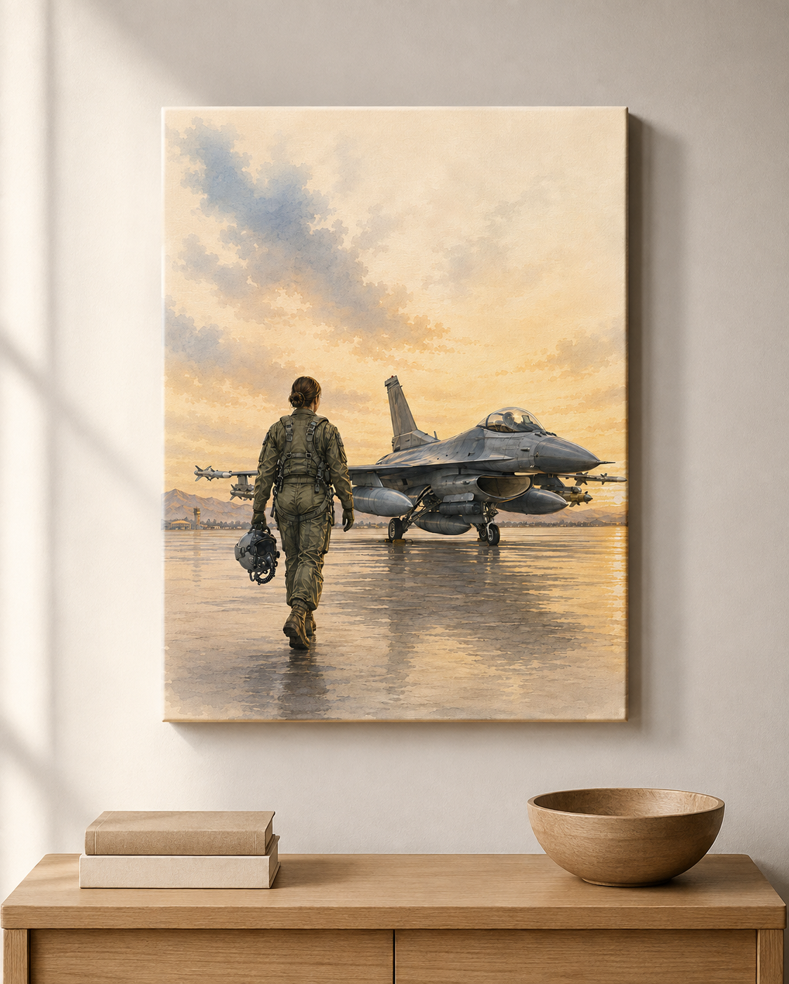 F-16 Female Fighter Pilot at Sunset | Fine Art Canvas | Military Heritage