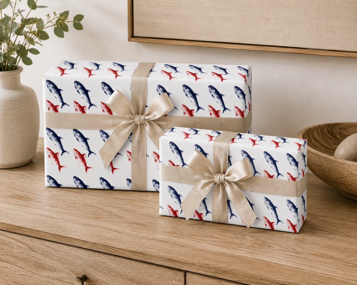Red & Blue Sardine Wrapping Paper | Coastal Fish Gift Wrap