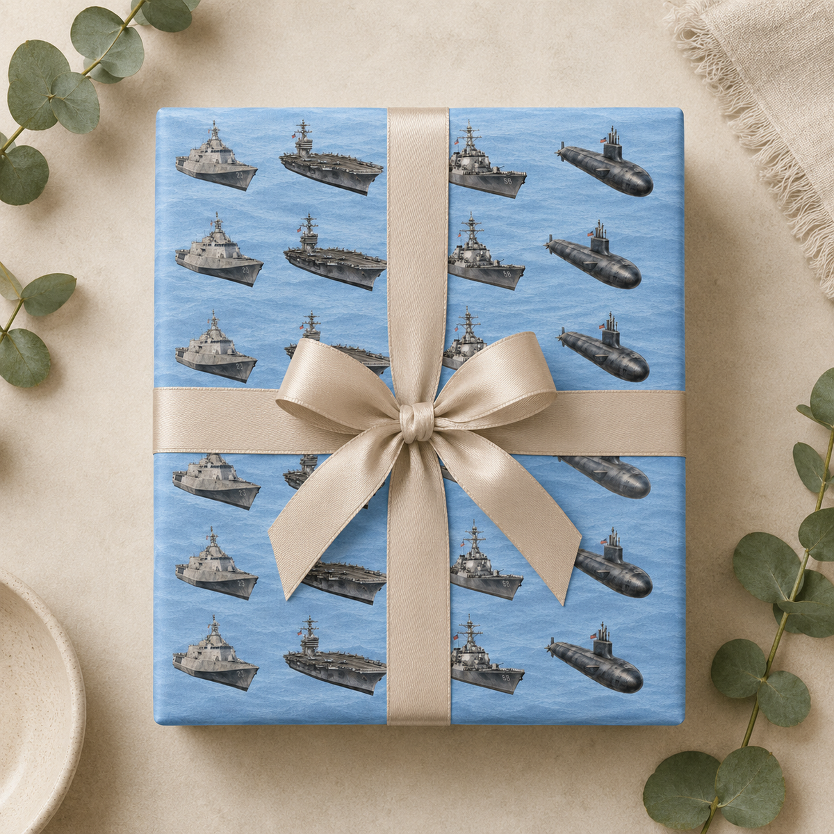 Naval Fleet Wrapping Paper | Watercolor Warship & Submarine Gift Wrap