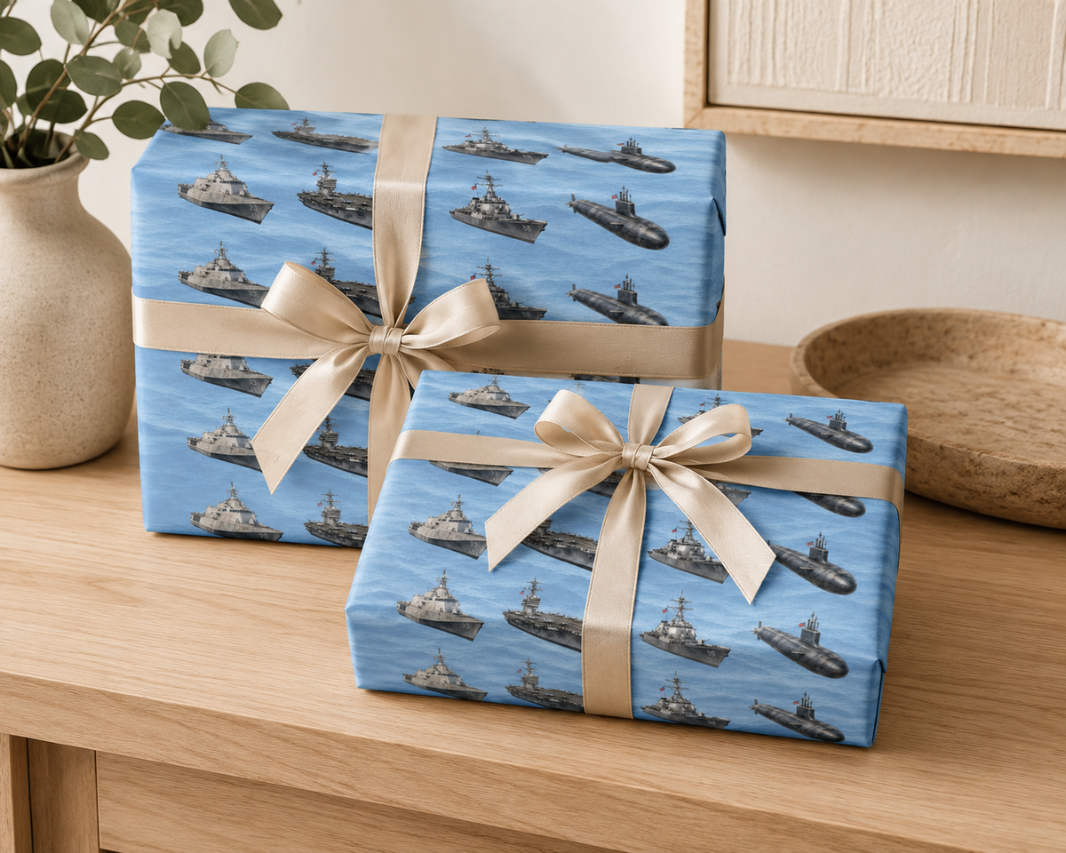 Naval Fleet Wrapping Paper | Watercolor Warship & Submarine Gift Wrap