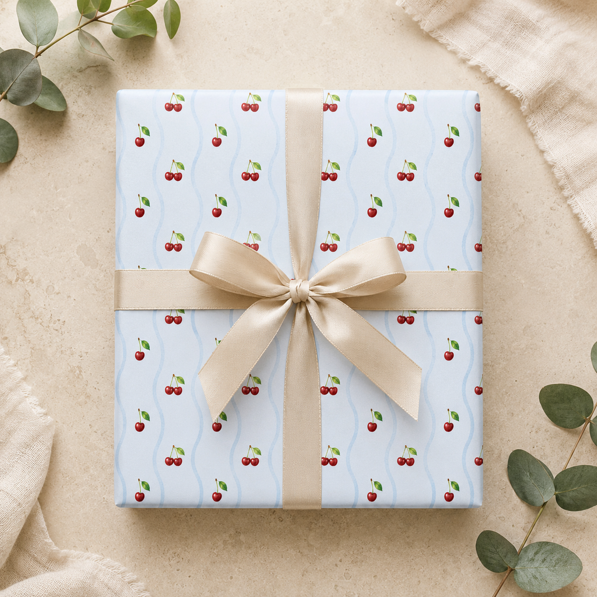 Watercolor Cherry Wrapping Paper | Light Blue Fruit Gift Wrap