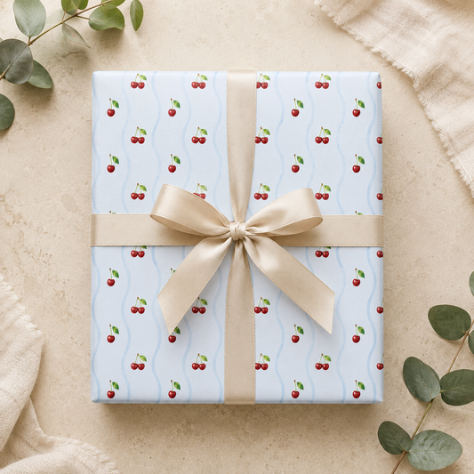Watercolor Cherry Wrapping Paper | Light Blue Fruit Gift Wrap