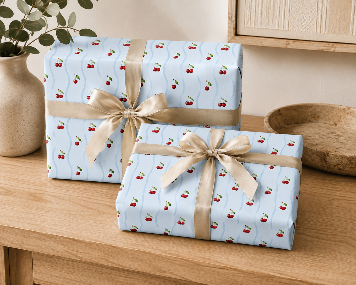 Watercolor Cherry Wrapping Paper | Light Blue Fruit Gift Wrap