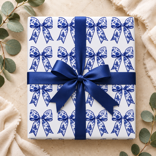 Blue Chinoiserie Bow Wrapping Paper | Toile Ribbon Gift Wrap