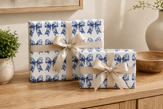 Blue Chinoiserie Bow Wrapping Paper | Toile Ribbon Gift Wrap