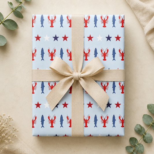 Coastal Lobster & Sardine Wrapping Paper | Red White & Blue Gift Wrap