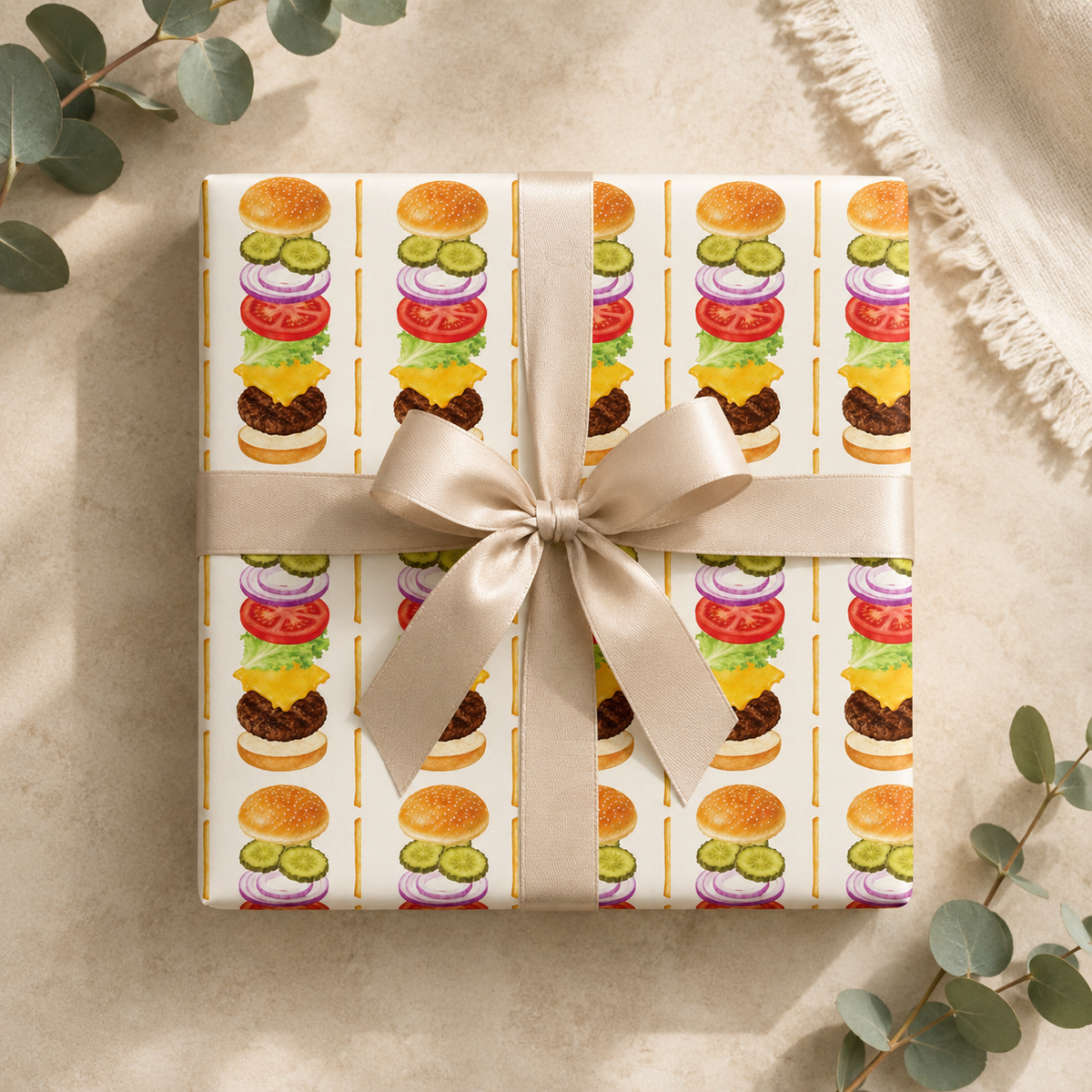 Watercolor Burger & Fries Wrapping Paper | Foodie Gift Wrap