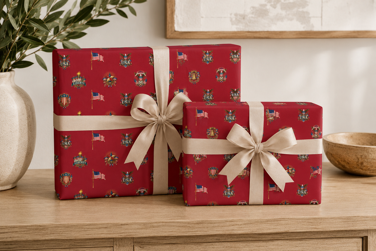 Red Vintage Americana Wrapping Paper | Patriotic Heritage Gift Wrap