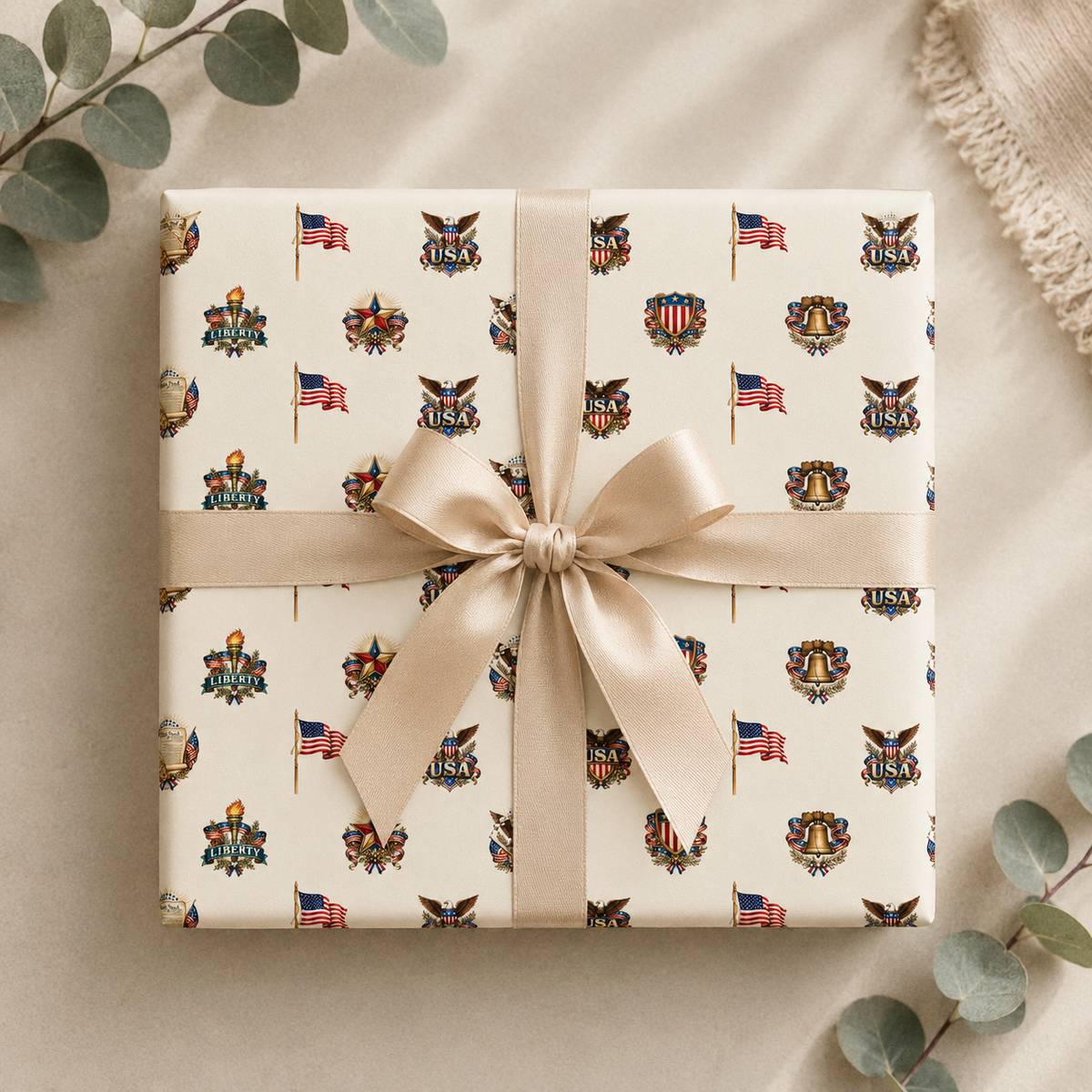 White Vintage Americana Wrapping Paper | Patriotic Heritage Gift Wrap