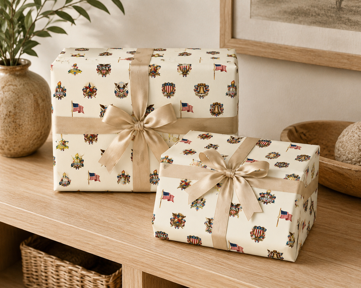 White Vintage Americana Wrapping Paper | Patriotic Heritage Gift Wrap