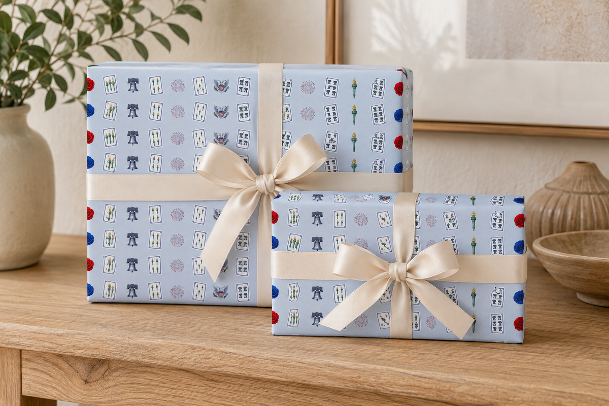 Blue Liberty Mahjong Wrapping Paper | Patriotic Americana Gift Wrap